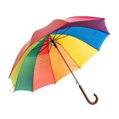 Colorful umbrella angled, rainbow hues, open, against white background