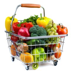 Full metal shopping basket overflowing with colorful fresh produce