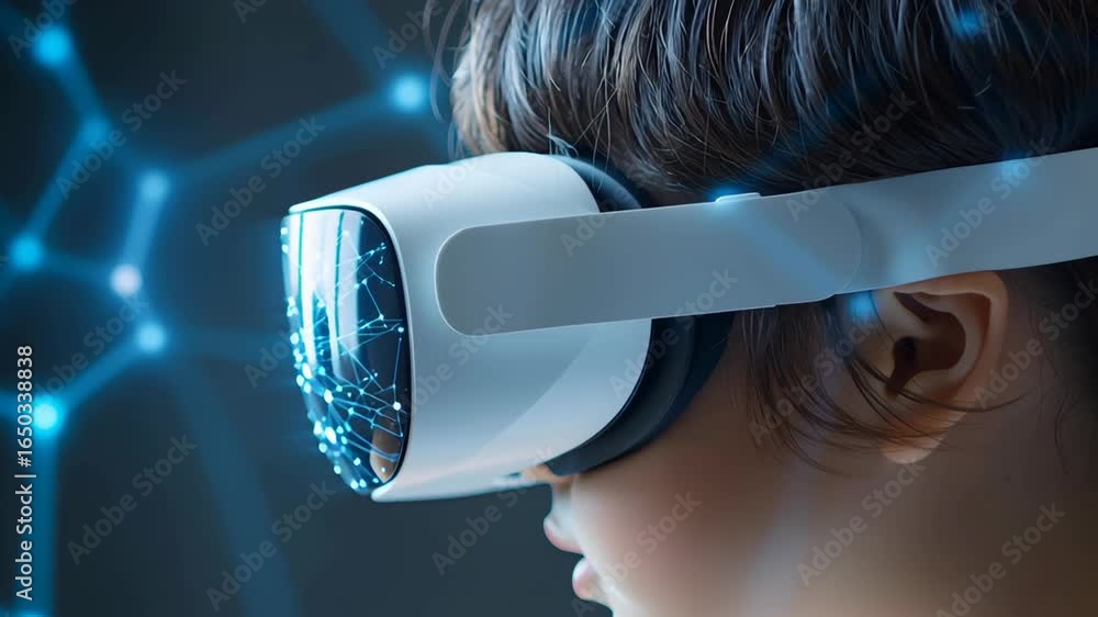 Poster virtual reality headset with digital network interface and immersive technology experience showcasin
