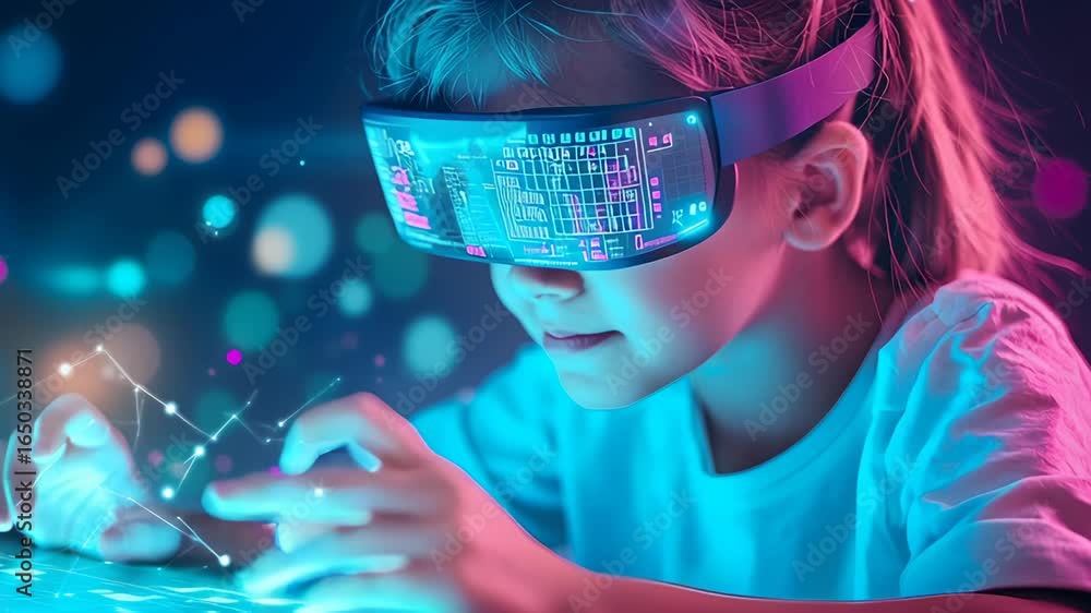 Poster futuristic virtual reality headset with digital interface and glowing holographic technology creatin