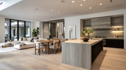 Contemporary minimalist open plan home interior, luxury living room with neutral tones, kitchen island with textured base, dining table with chairs