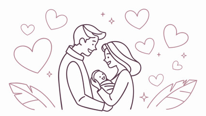Happy parents lovingly embrace their newborn baby; minimalist line art illustration, gentle pastel palette, heartwarming family concept, perfect for greeting cards, announcements, or parenting blogs.