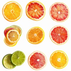 Citrus fruit slices, top-down view, vibrant colors