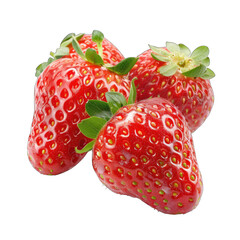 Close-up of three fresh, vibrant red strawberries.  Each berry shows a textured surface with numerous small seeds.  Small green leaves are attached to the berries