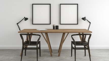 Minimalist workspace featuring a light wood table, two black chairs, two blank framed posters on a white wall, and two desk lamps