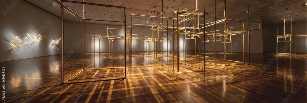 Aufkleber art installation featuring illuminated geometric structures in an elegant gallery space with polishe