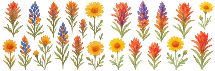 A vibrant display of colorful flowers, featuring daisy-like blooms in yellows and oranges.