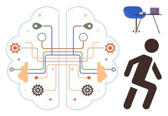 Stylized brain diagram with colorful connections, workstation with chair and laptop, figure in motion. Ideal for creativity, innovation, productivity, technology, brainstorming, workflow active