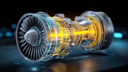 Cutaway of advanced turbine core with rotating blades, interactive digital twin hovering above showing energy flow and structural analysis