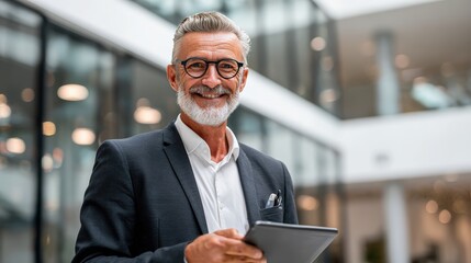 Confident senior businessman in his 50s wearing a dark suit, smiling while holding a digital tablet, standing in a bright modern office