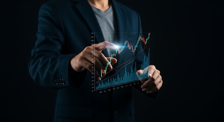 Person interacting with a holographic financial chart.