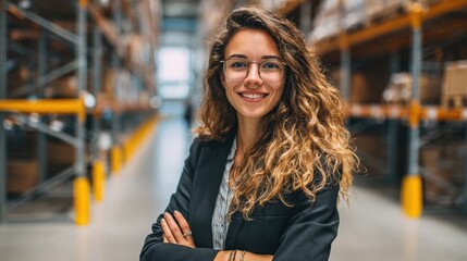 Confident businesswoman smiling while standing in a modern warehouse, arms crossed with rows of shelves behind her, professional and empowered presence
