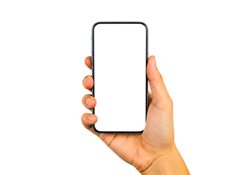 Hand holding a smartphone with a blank screen isolated on transparent background