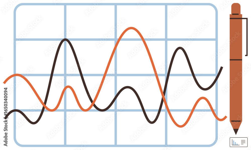 Poster graph displaying wavy orange and black lines on a blue grid background with a brown pen. ideal for d