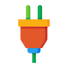 Colorful electrical plug with two green prongs and a red orange body on a black background