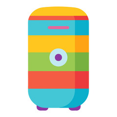 Colorful striped rectangular object with a circular eye like feature and rounded bottom corners on purple feet