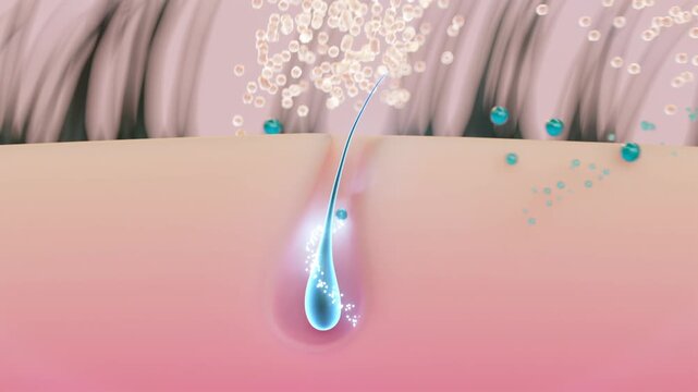 3D animation of oily scalp and clogged follicles. Blue foam removes sebum, cleansing scalp and promoting strong, healthy hair regrowth. Ideal for shampoo ads