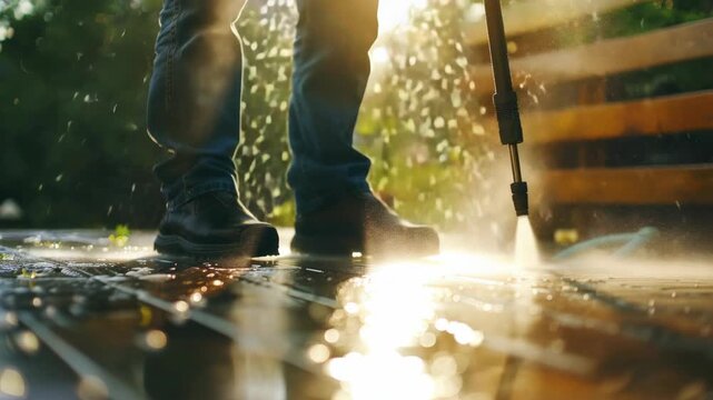 Person walking on wet wooden boards in rain.