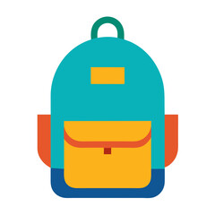 A flat design illustration of a colorful backpack with a teal body orange sides and a yellow front pocket perfect for school or travel themes