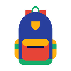 A colorful flat design illustration of a backpack with a blue main body red and yellow pockets and green accents on a black background