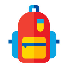 A flat design icon of a red and blue backpack with yellow accents perfect for school or travel themes