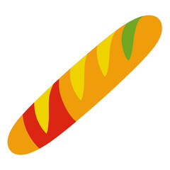 Stylized illustration of a colorful baguette with wavy segments in shades of red orange yellow and green against a black background