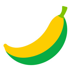 A stylized graphic illustration of a banana with a yellow peel and green accents on a black background