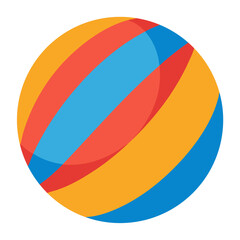 A colorful striped ball with red blue and yellow segments on a black background