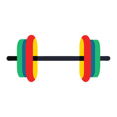A simple flat design illustration of a barbell with colorful weight plates on a black background representing fitness and exercise