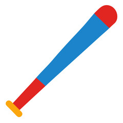 A simple stylized illustration of a baseball bat with a blue barrel and red handle with an orange knob against a black background