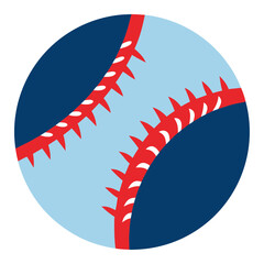 Close up graphic of a baseball with red stitching on a light blue background and dark blue outer circle
