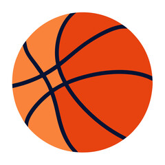 A simple graphic illustration of a bright orange basketball with dark blue lines on a black background