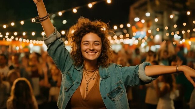 At a street event, a woman raises her fist in delight while grinning.  A woman at an urban party with a joyful, emotional style