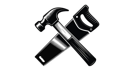 crossed hammer and hand saw icon in black and white vintage style isolated on white background, construction tools symbol for repair and carpentry