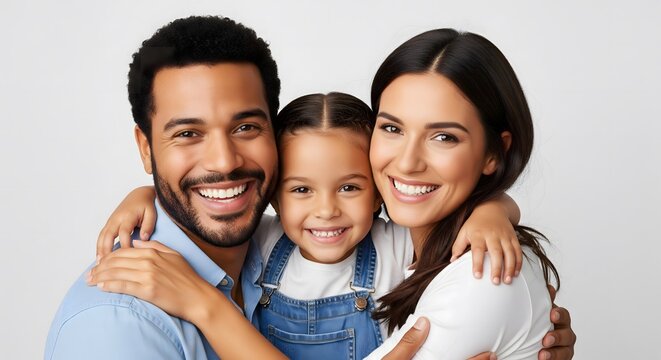 Happy family portrait of mother, father, and daughter smiling and hugging together, concept of love, bonding, parenthood, and joyful family lifestyle