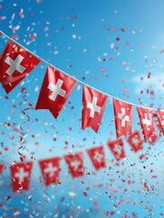 swiss flags bunting with confetti on blue sky background national symbol for swiss day image for walpaper poster or banner with copy space 