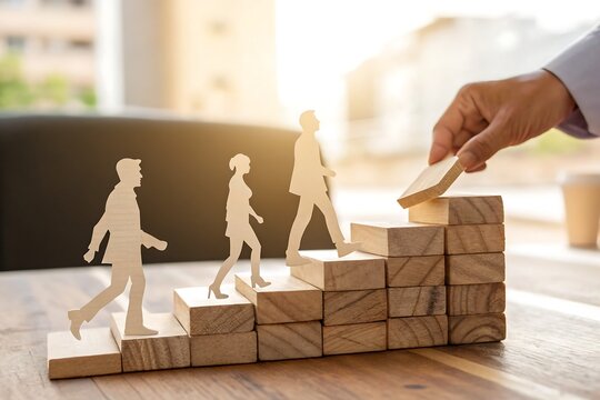 This image depicts a journey of professional growth, showing support and the climb to leadership and success