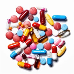 Assorted pills and capsules of various colors and shapes clustered together on a white background