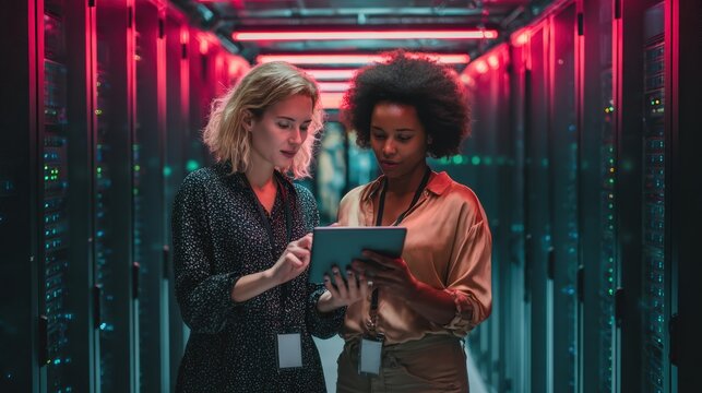 Caucasian female data scientist and Asian female AI specialist analyzing complex algorithms on tablet in modern data center surrounded by servers and LED lighting - Powered by Adobe