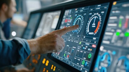 Close-up of real-time industrial dashboard showing RPM, pressure, and fault alerts, engineers adjusting parameters using touchscreen controls in command room
