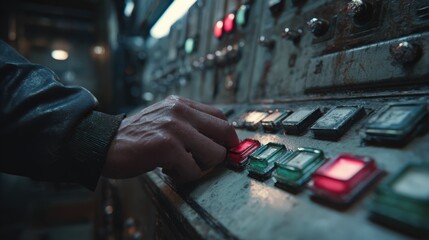 Close-up of man pressing buttons and reading control panel at boiler room, intense lighting and mechanical textures, ultra-realistic detail
