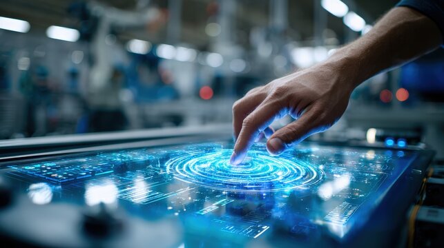Close-up of technician's hand touching holographic control panel to initiate autonomous robotic workflow on automotive production line, digital data streaming in air - Powered by Adobe