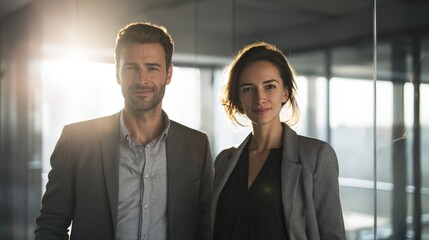 Confident male and female business partners standing side by side in modern office, smiling at camera, sunlight through glass windows