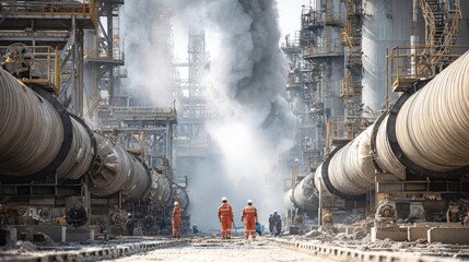 Crude oil refinery employees coordinating work beside massive horizontal separator units, pipes steaming in background, intense heat atmosphere