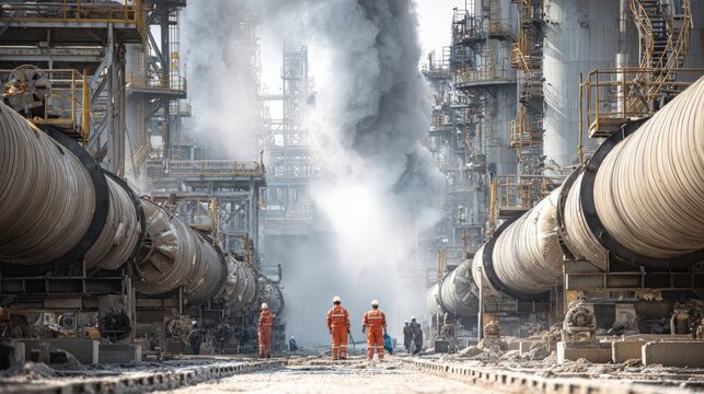 Crude oil refinery employees coordinating work beside massive horizontal separator units, pipes steaming in background, intense heat atmosphere