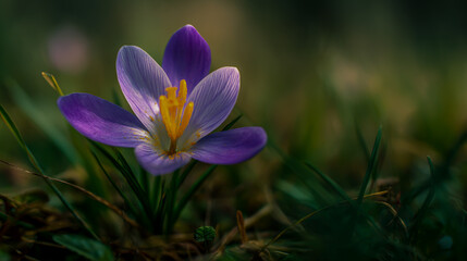 A crocus flower growing in the grass, macro photography, blurred background, purple with yellow center, focus on the flower,