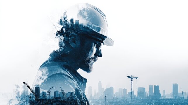 Double exposure of male construction engineer in safety helmet overlayed with futuristic city skyline and construction cranes, blue gradient banner concept - Powered by Adobe