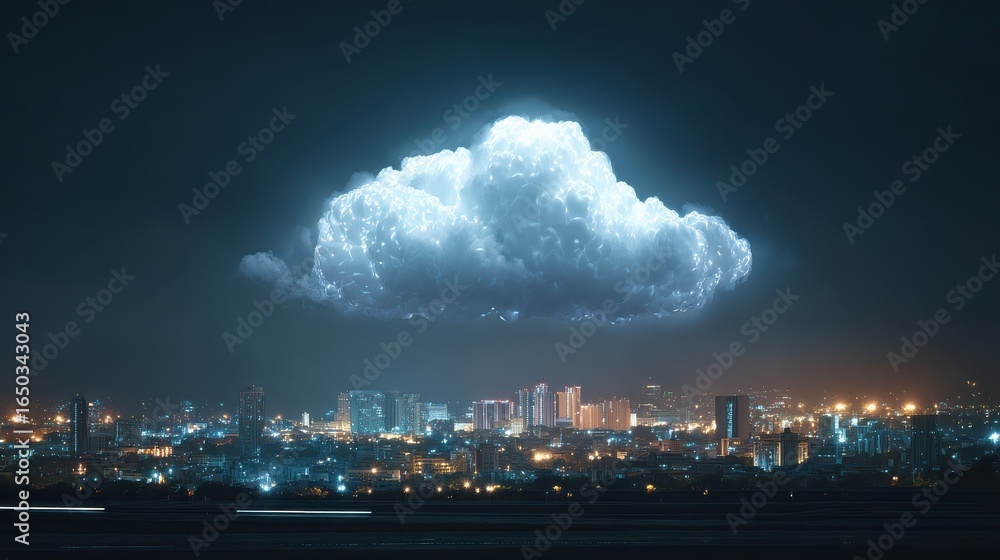 Poster creative glowing cloud hologram on illuminated night city backdrop cloud computing and database conc