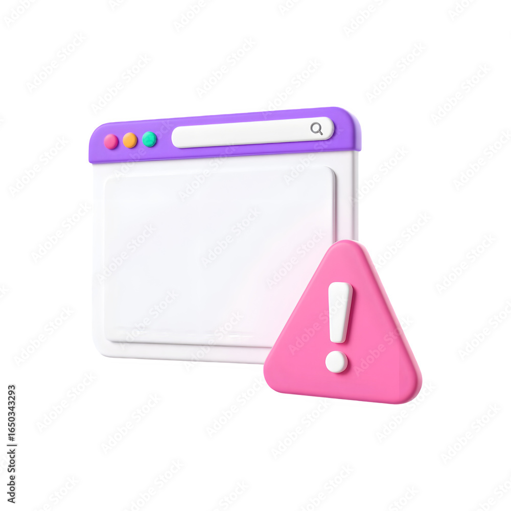 Poster 3d web browser window with error warning sign isolated on transparent background