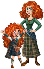 Mother and Daughter in Scottish Plaid Outfits Smiling